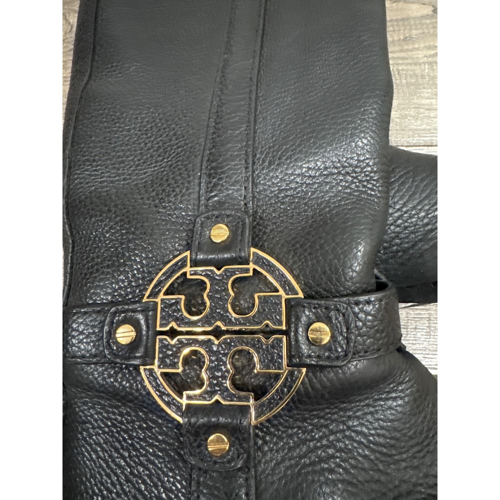 Tory Burch Kiernan Black Pebbled Leather Riding Boots Gold Logo 8M 31128372